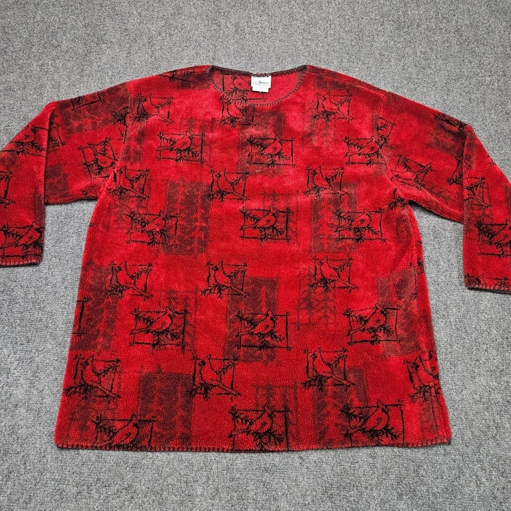 Vintage Artisans Fleece Pullover Women XL Red Cardinal Bird Print Cabin 90s